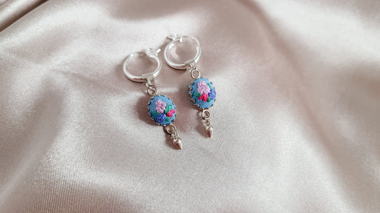 Lavender Poppy and Blue Rose Dangle Hoop Earrings - Little Love Parcels
