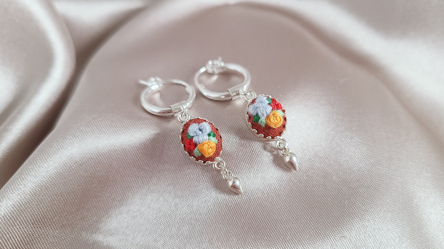 Blue Poppy and Orange Rose Hand Embroidered Dangle Hoop Earrings