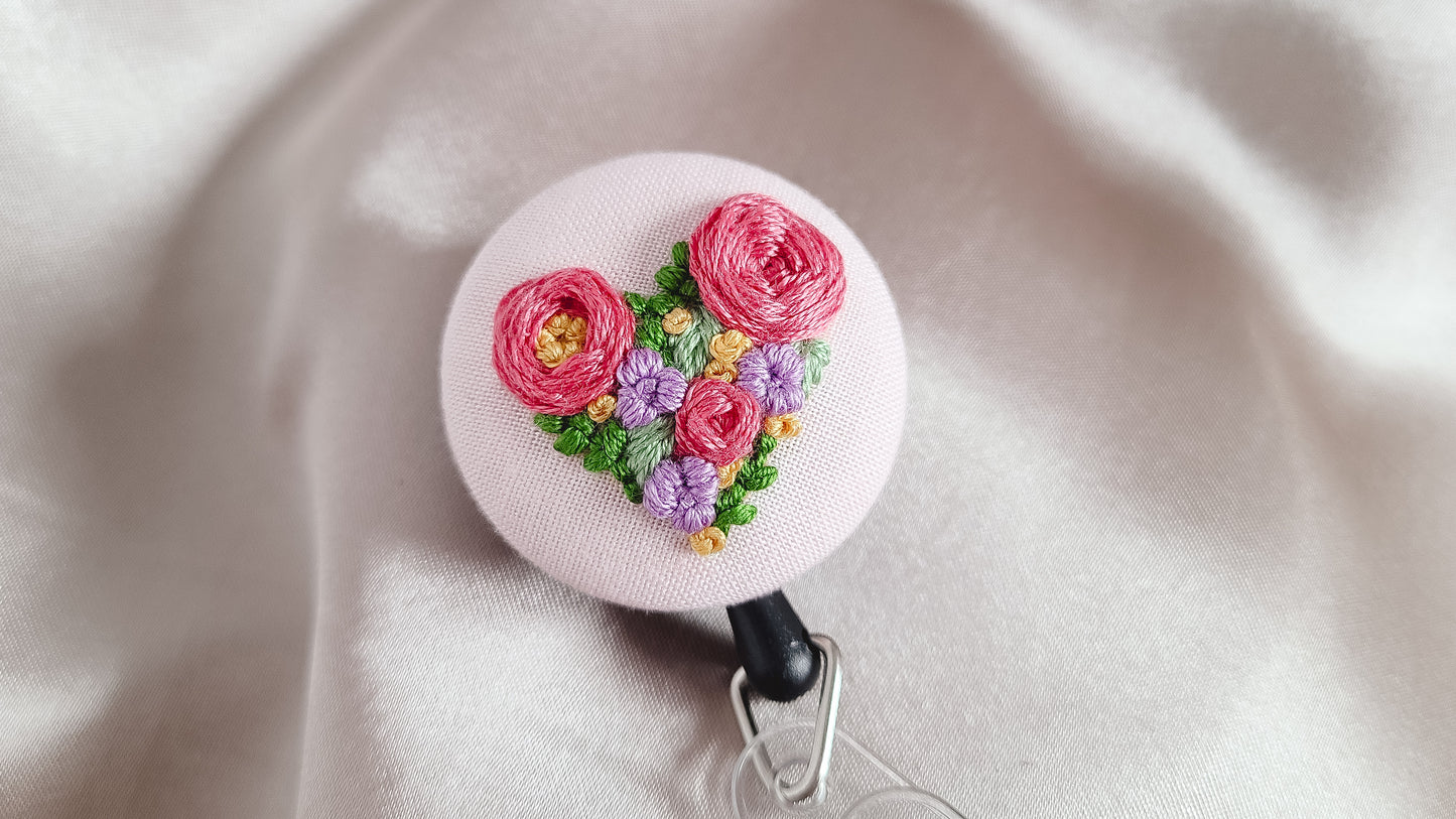 Floral Heart Hand Embroidered Badge with Pink Roses