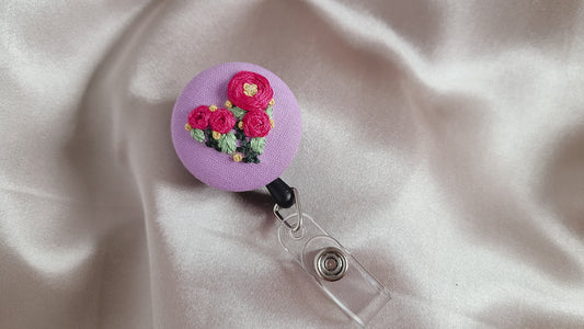 Floral Heart Hand Embroidered Badge with Hot Pink Roses