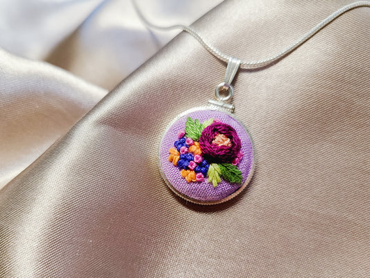 Magenta Peony with Indigo and Orange Flowers Hand Embroidered Sterling Silver Necklace - Little Love Parcels