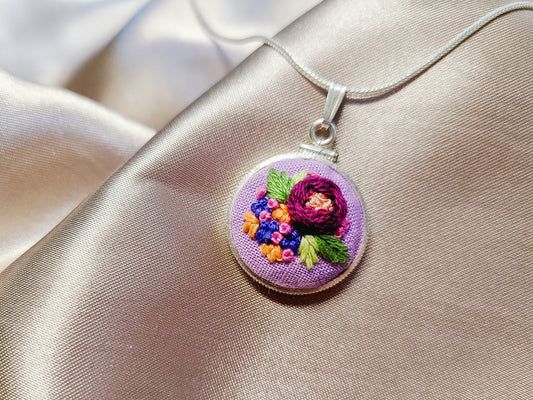 Magenta Peony with Indigo and Orange Flowers Hand Embroidered Sterling Silver Necklace