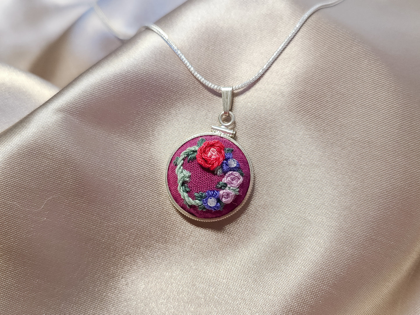 Red and Purple Roses with Violet Poppies and White Zircon Gemstones Hand Embroidered Sterling Silver Necklace