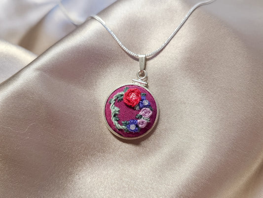 Red and Purple Roses with Violet Poppies and White Zircon Gemstones Hand Embroidered Sterling Silver Necklace - Little Love Parcels