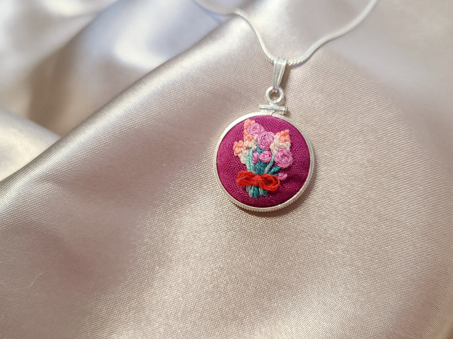 Purple Roses and Pink Hyancinths Bouquet on Plum Purple Hand Embroidered Sterling Silver Necklace