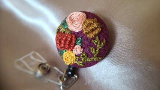 Golden Spice Pumpkin Wreath on Dark Plum Hand Embroidered Retractable Badge Reel - Little Love Parcels