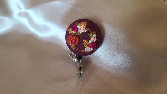 Mini Spiced Pumpkin Floral Wreath on Maroon Hand Embroidered Retractable Badge Reel - Little Love Parcels