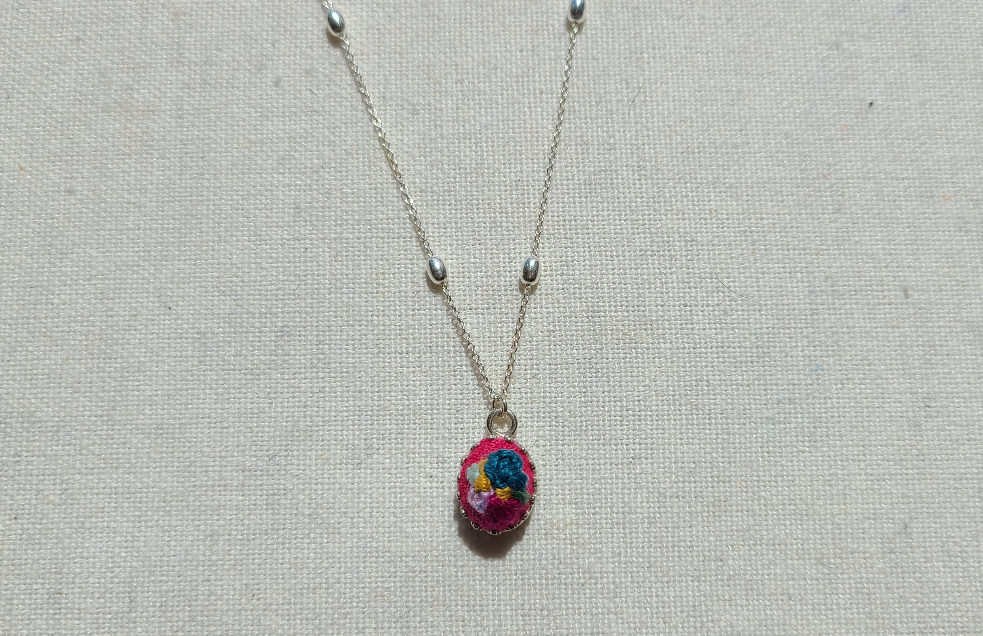 Navy Carnation with Magenta and Purple Roses on Hot Pink Mini Sterling Silver Necklace