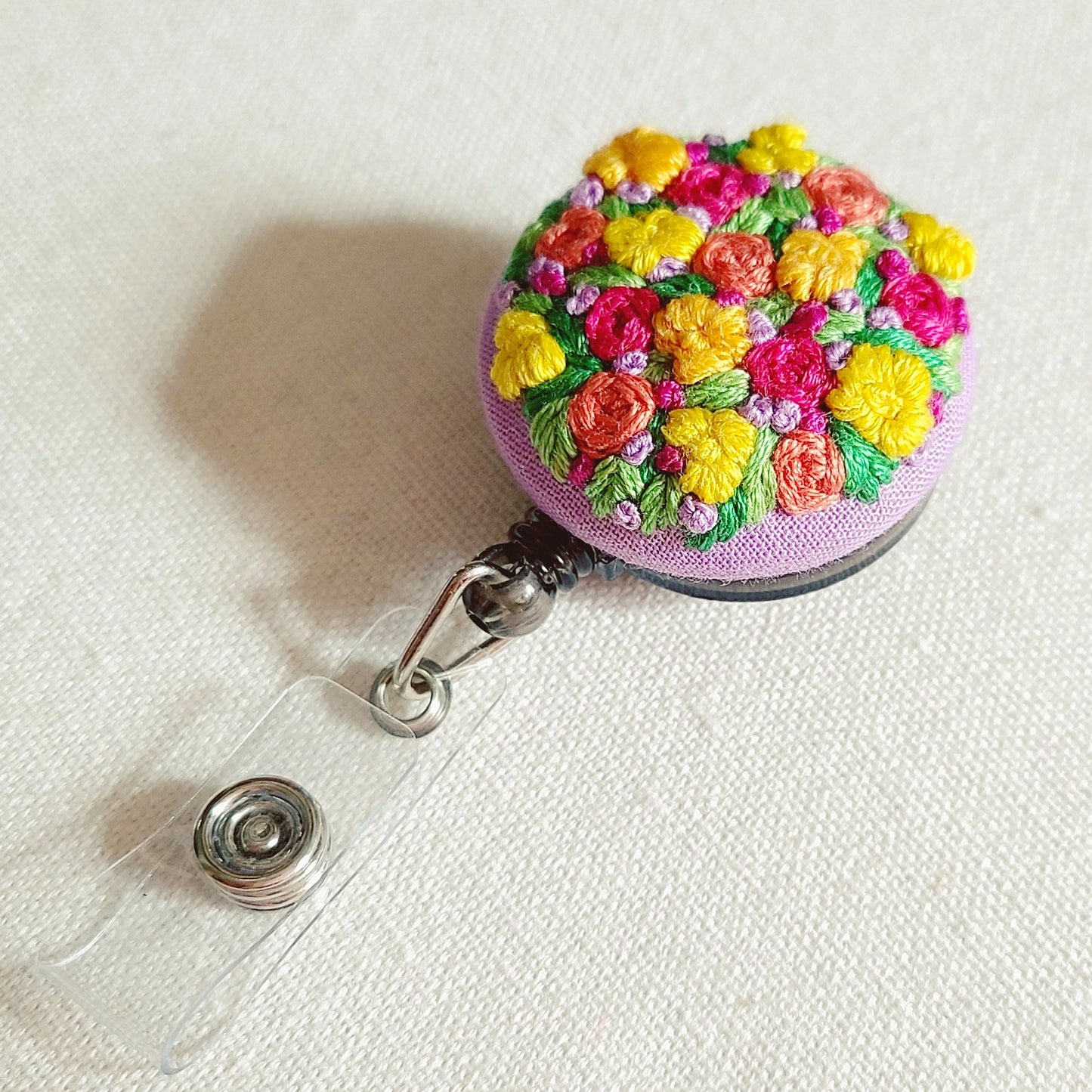 Pink and Orange Garden Patch Hand Embroidered Retractable Badge Reel