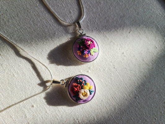 Magenta Peony with Indigo and Orange Flowers Hand Embroidered Sterling Silver Necklace - Little Love Parcels
