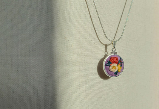 White Peony with Red Flowering Quince and Yellow Lily Bouquet Hand Embroidered Sterling Silver Necklace - Little Love Parcels